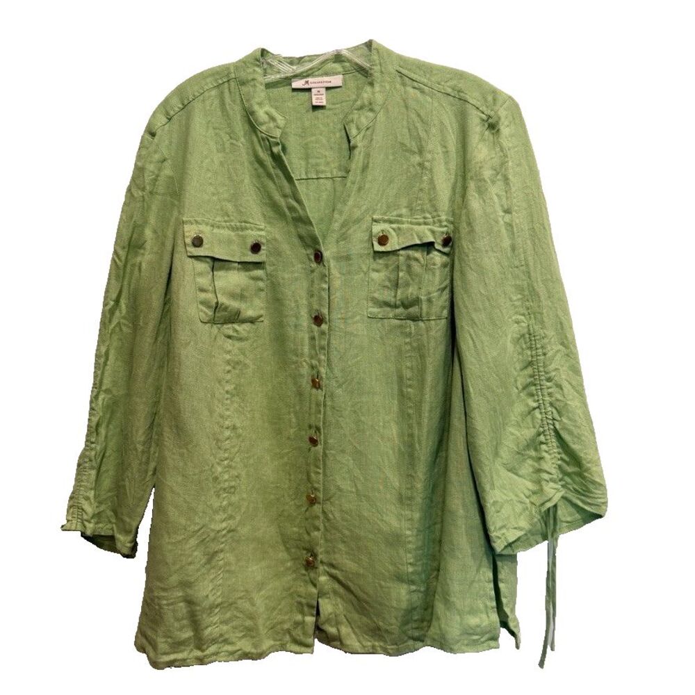 JM Collection Size 14 Linen Womens 3/4 Sleeve Blouse Tunic Green Resort Beachy